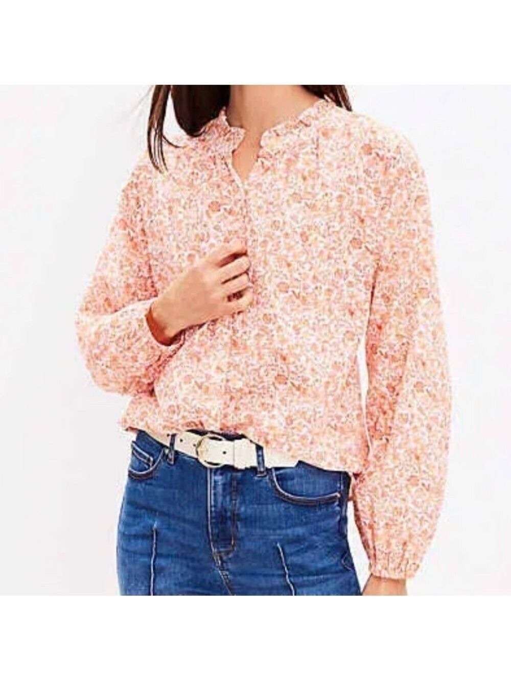 LOFT Orange White Long Sleeve Blouse Mandarin Collar